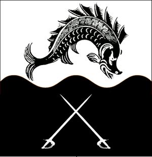 "Per fess wavy argent and sable, a sinister dolphin sable and crossed swords argent"