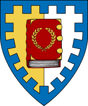 A half blue and white background with a blue embattled border. The centre has a red closed book with a yellow laurel wreath on it