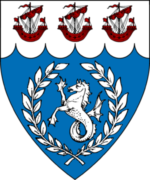 A blue background with a wavy strip at the top. A white heraldic seahorse surrounded by a laurel wreath on the blue part and three red ships on the white bit